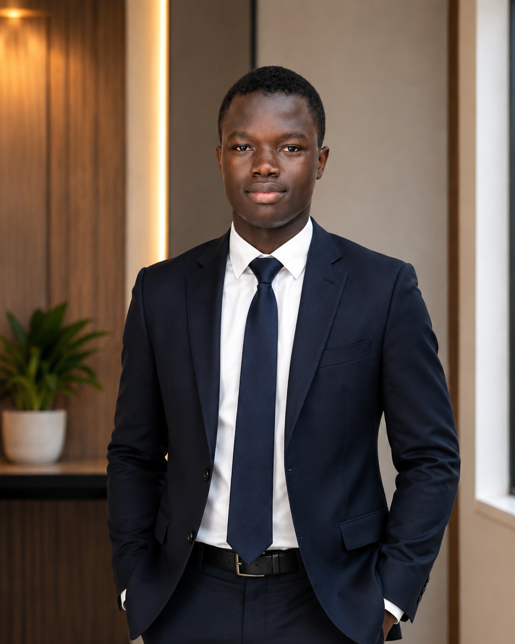 Founder of JudeenGlobal in a navy suit at the studio office