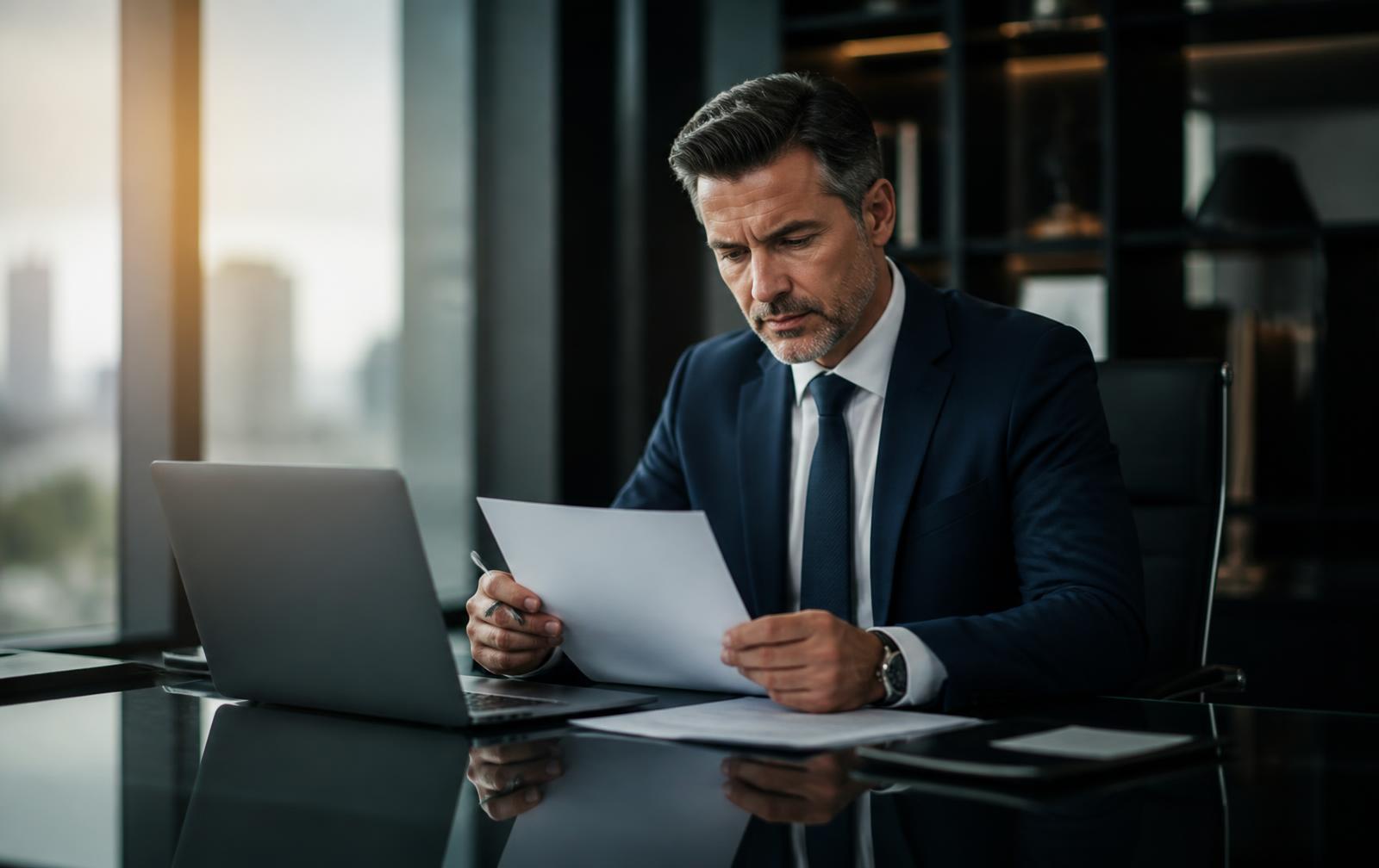 Executive reviewing a printed resume beside a laptop in a modern office