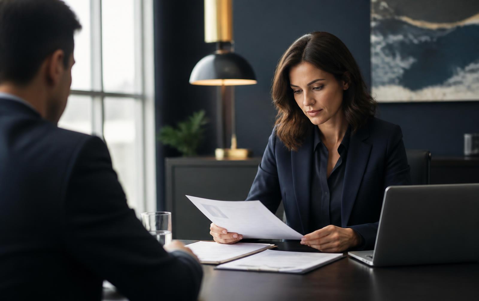 Recruiter reviewing candidate resumes across a conference table