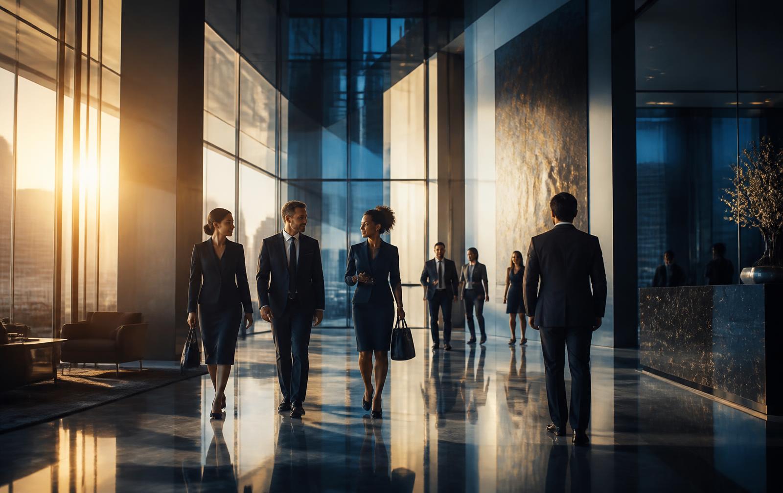 International business professionals in a modern corporate lobby